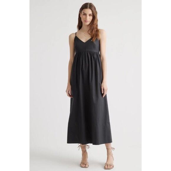 QUINCE Navy 100% Organic Cotton Poplin Maxi Dress Spaghetti Strap Travel XS T21 - Picture 1 of 7